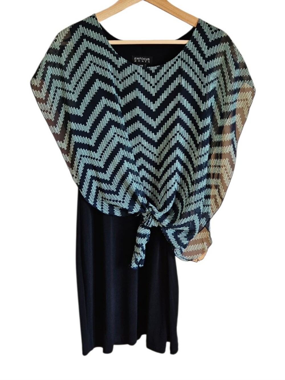 Enfocus Women Plus Size 14W Navy Blue Chevron Tie Front Chiffon Overlay Dress
